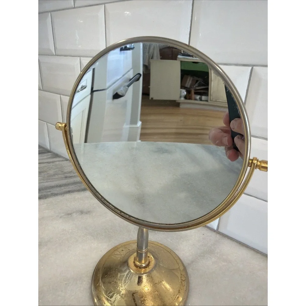 Vintage Shabby Brass Tone Vanity Double Mirror Round Magnification Side ES008